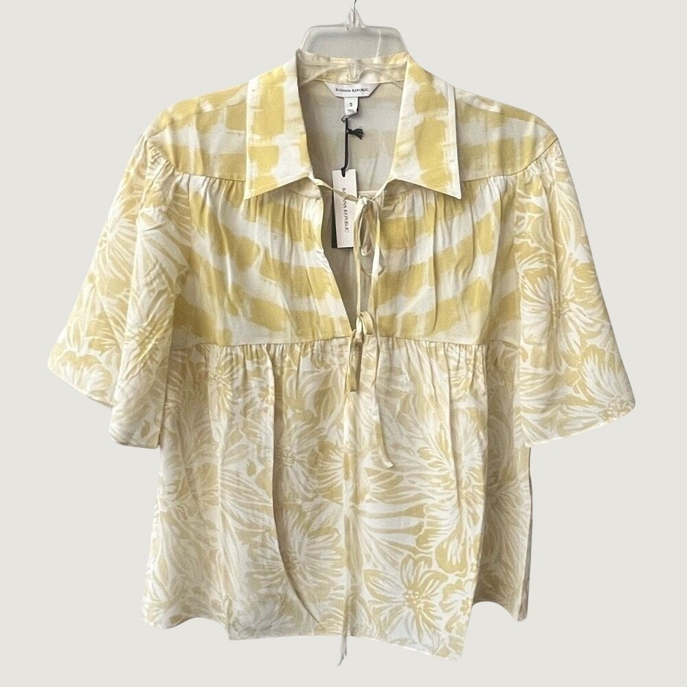 Banana Republic Womens Small Silk Floral Tie Front Blouse Yellow White NWT